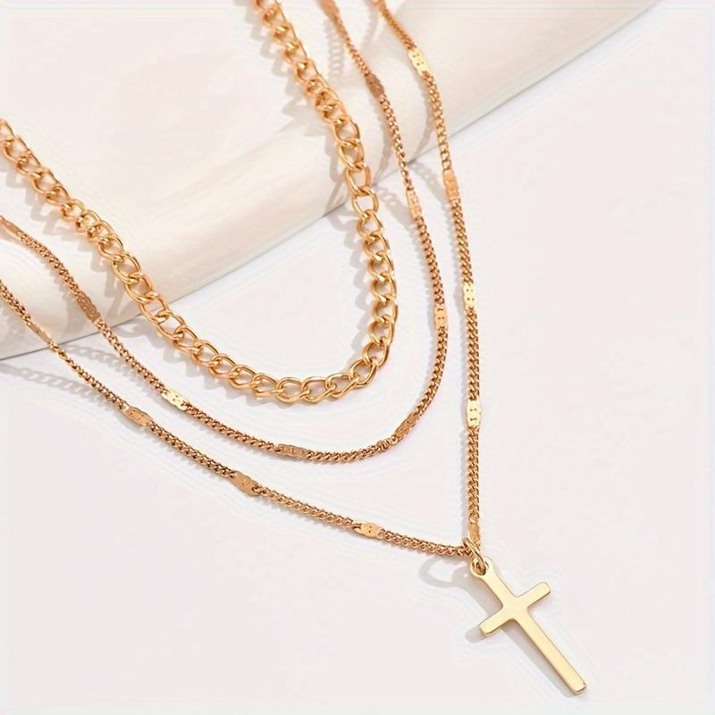 Women Fashion Versatile Cross Pendant Gold Chain Sweater Necklace