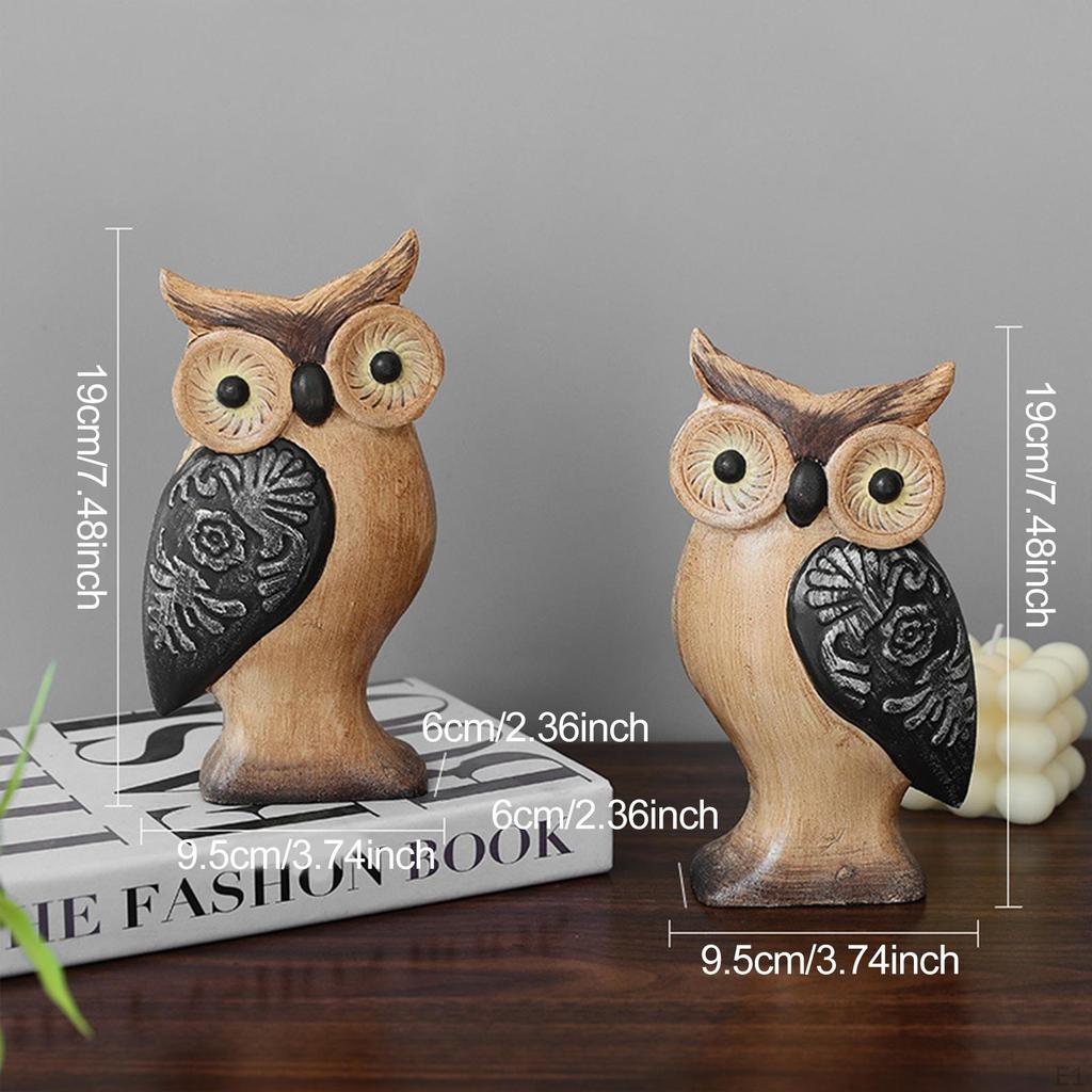 2x Wood Figurine Owl Statue Collection Gift Decorative Animal Sculpture Tabletop Ornament for Living