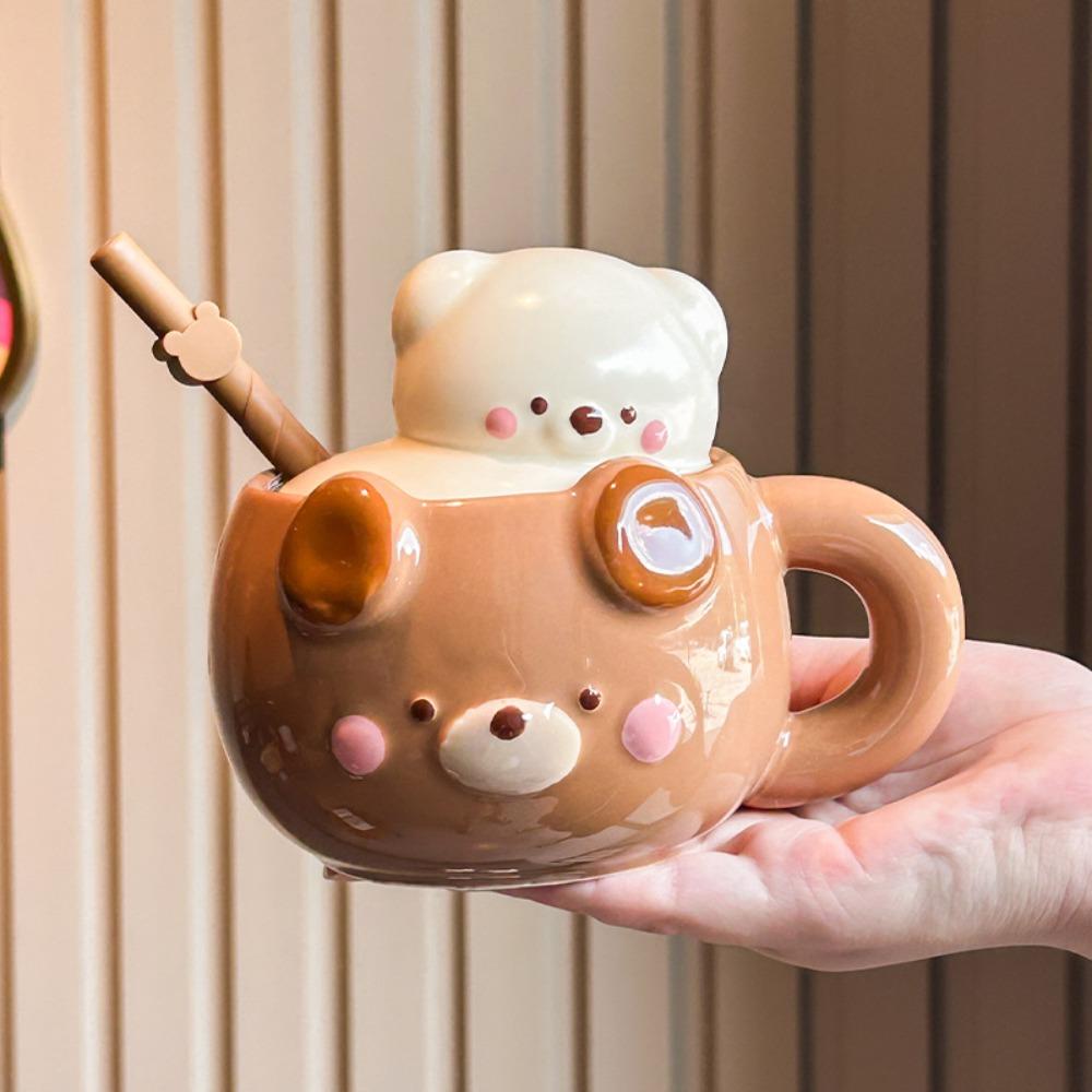 

инс крем медведь соломенная чашка девушка милая керамическая кружка с крышкой бытовая питьевая чашка подарок на день рождения 401-500ml