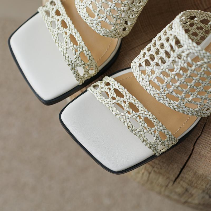 Fashion Women's New Summer Retro Square Headed Hollow Knitted Genuine Leather Sheepskin Open Toe High Heel Large Sandals