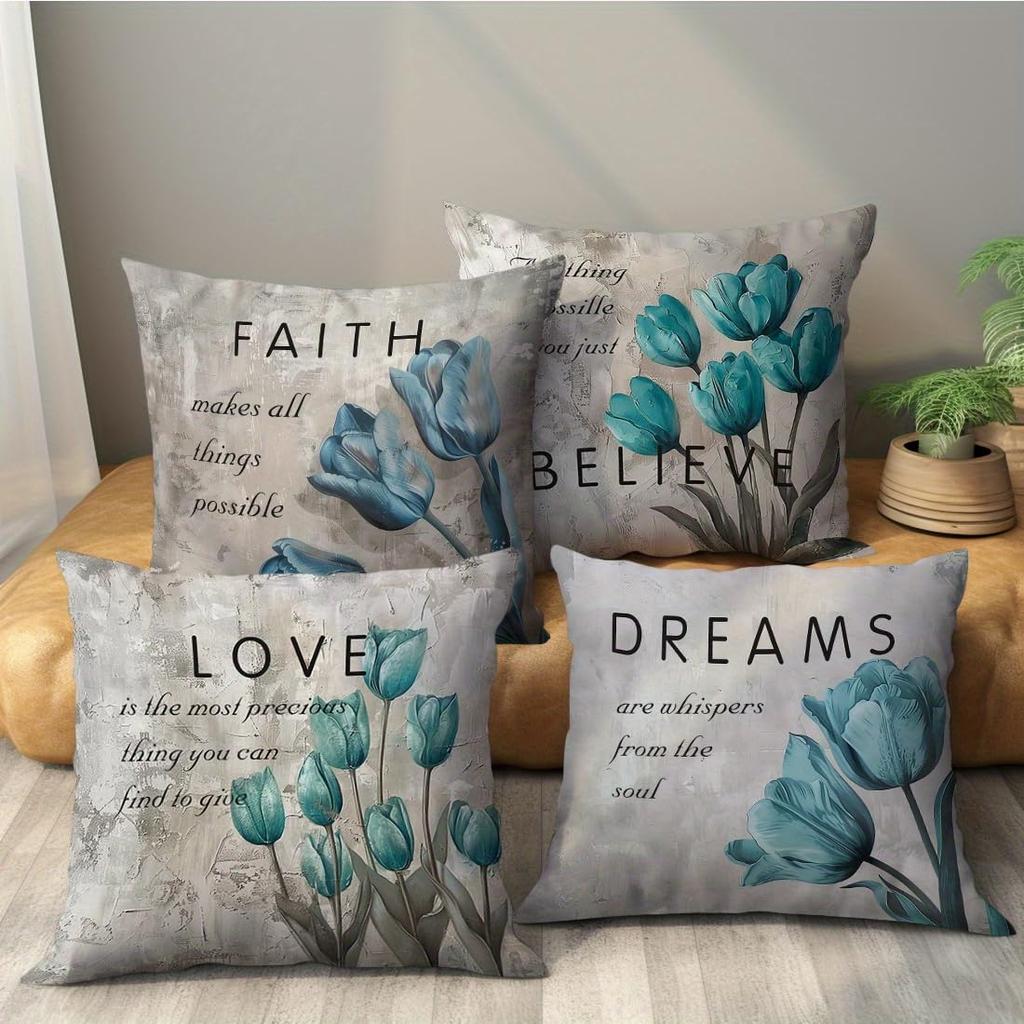 4 Pcs Double Sided Blue Tulip Cushion Covers, Inspirational Faith Love Throw Pillow Cases (No Inserts)