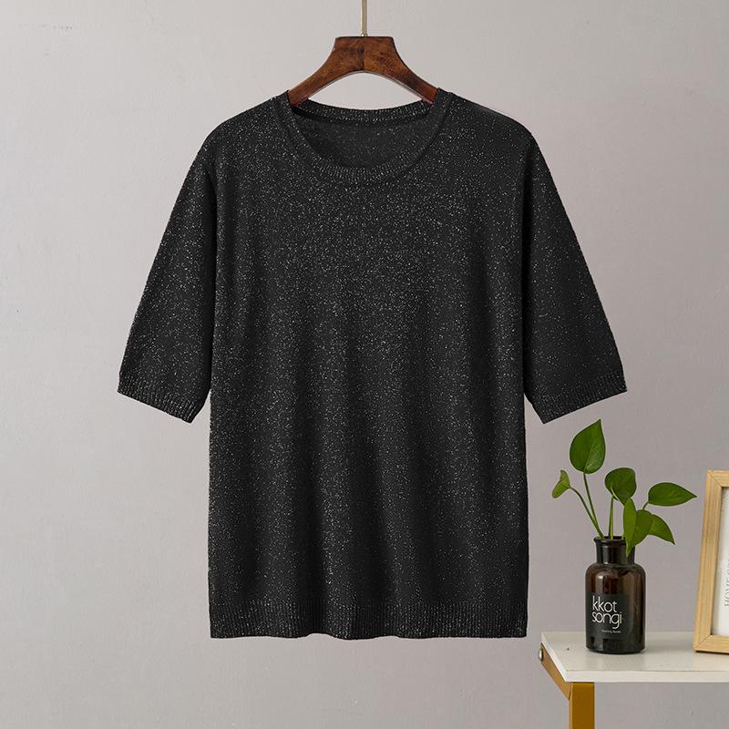 Sommer Damen Helles Seide Kurzarm Einfarbig Locker Dünn Rundhals Vielseitiges Halbarm Strick-T-Shirt