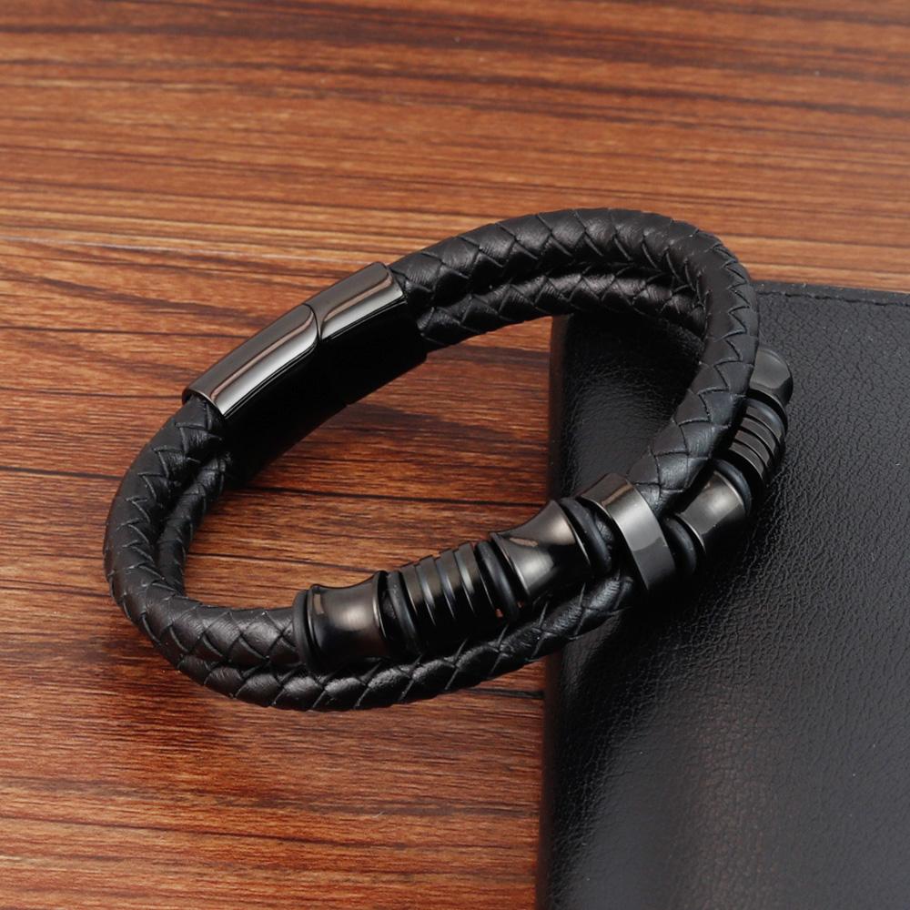 New Fashion Multilayer Leather Bracelet for Men Jewelry Punk Stainless Steel Bangle Magnetic Buckle Black Color