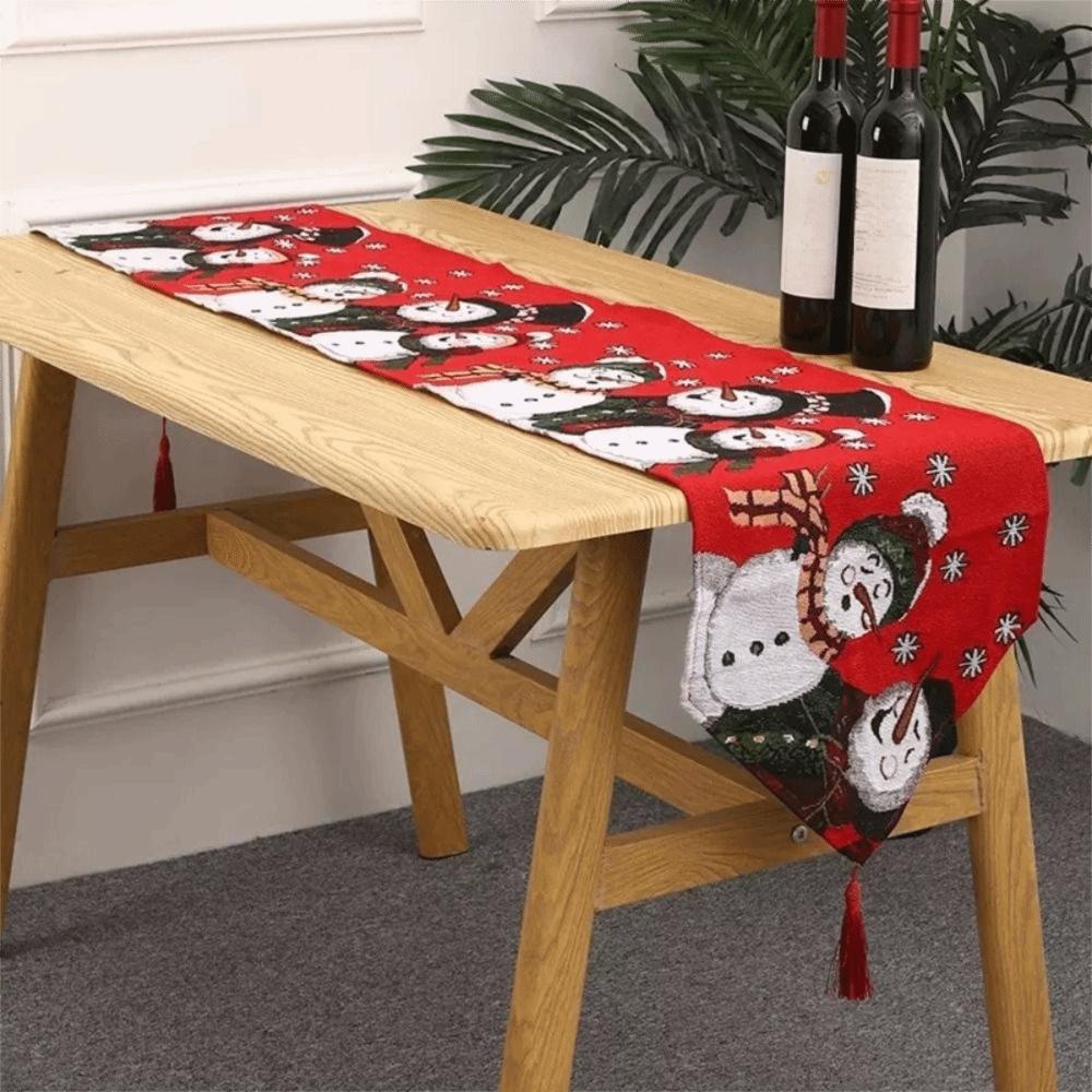 Household Tassel Christmas Table Runner Printed Rectangle Snowman Tablecloth Long Knitted Cloth Table Cover Restaurants