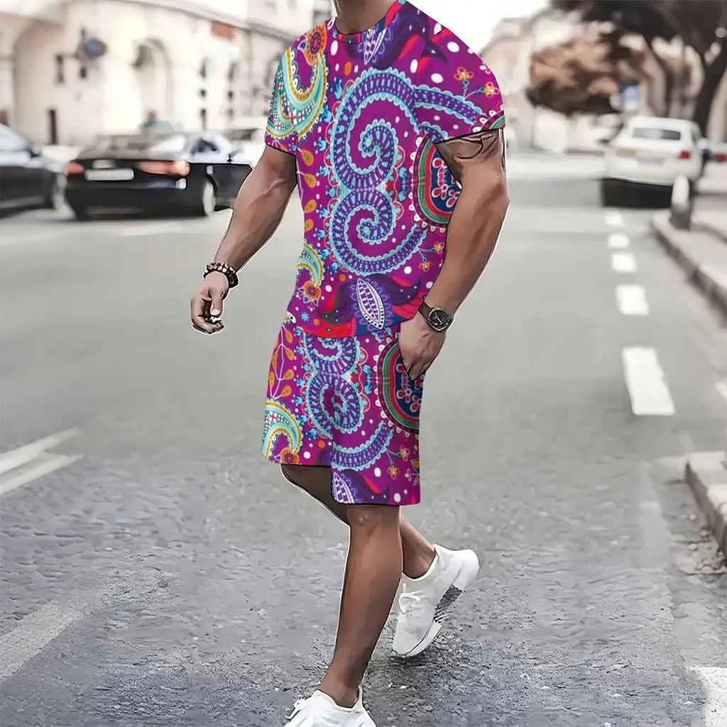 Men Vibrant Multicolor Vintage Paisley Print Short Sleeve Tee And Matching Shorts Two Piece Outfit