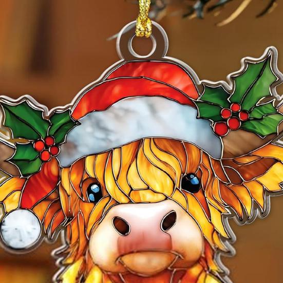 Highland Cow Christmas Ornament Stained Glass Effect Window Hanging Highland Cow Decor Rustic Acrylic Scottish Suncatcher for Farmhouse Tree Decor