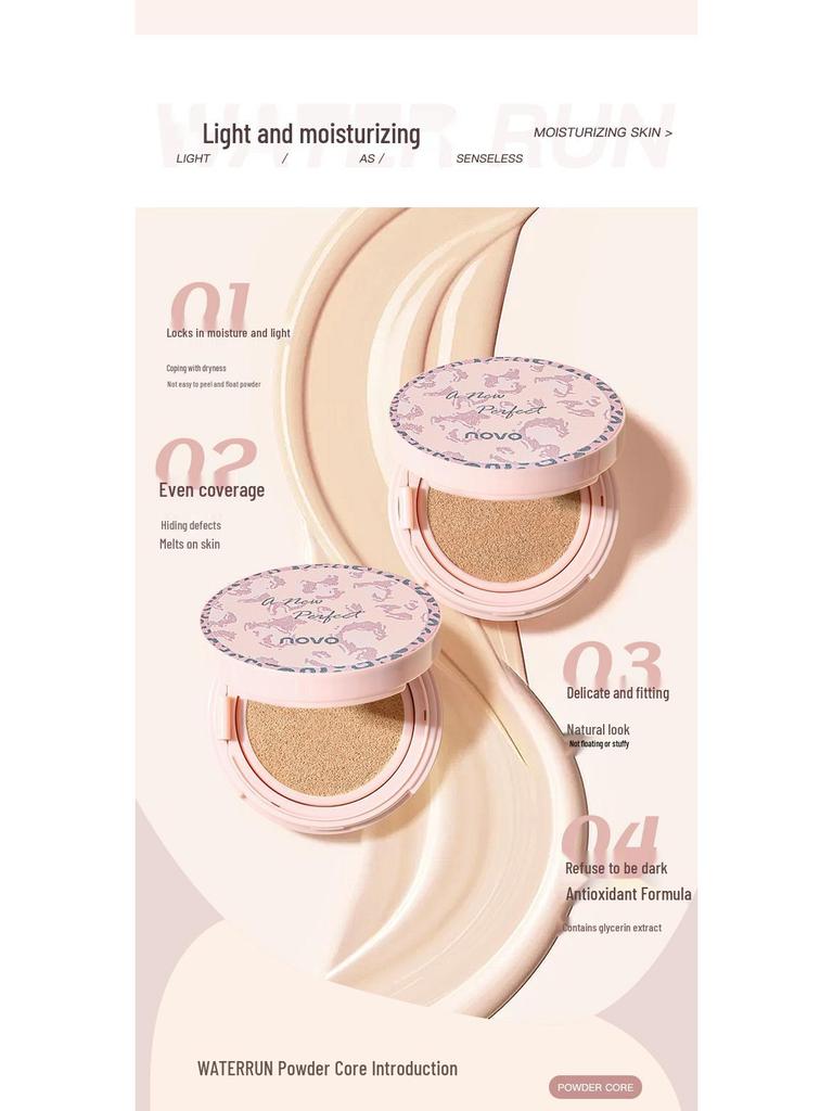 Crème coussin d'air légère à l'eau NOVO: Cache, hydrate, contrôle le sébum, résiste à l'eau, à la transpiration et dure longtemps, parfait pour les étudiants.