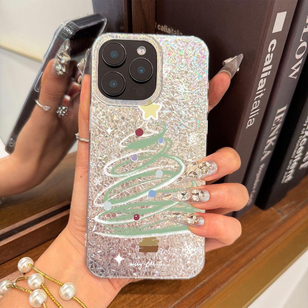 Simple Hand-drawn Christmas Tree Case for iphone 11 14 15 XR 16 Plus 12 17 Pro 13 XS Max 18 Pro Max Air Silver Crushed Foil Cover
