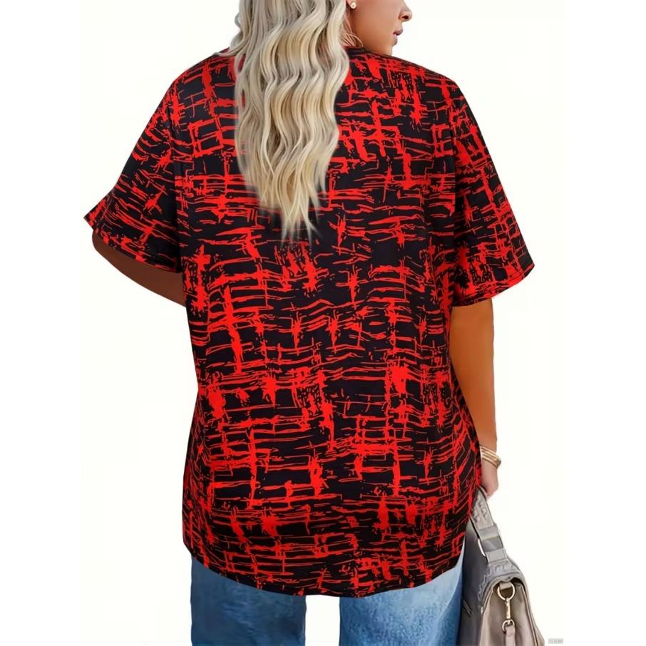 XL-7XL Damski T-shirt Plus Size z Gradientem, Casualowy, z Nadrukiem 3D, Luźny, z Dekoltem w Serek, z Krótkim Rękawem