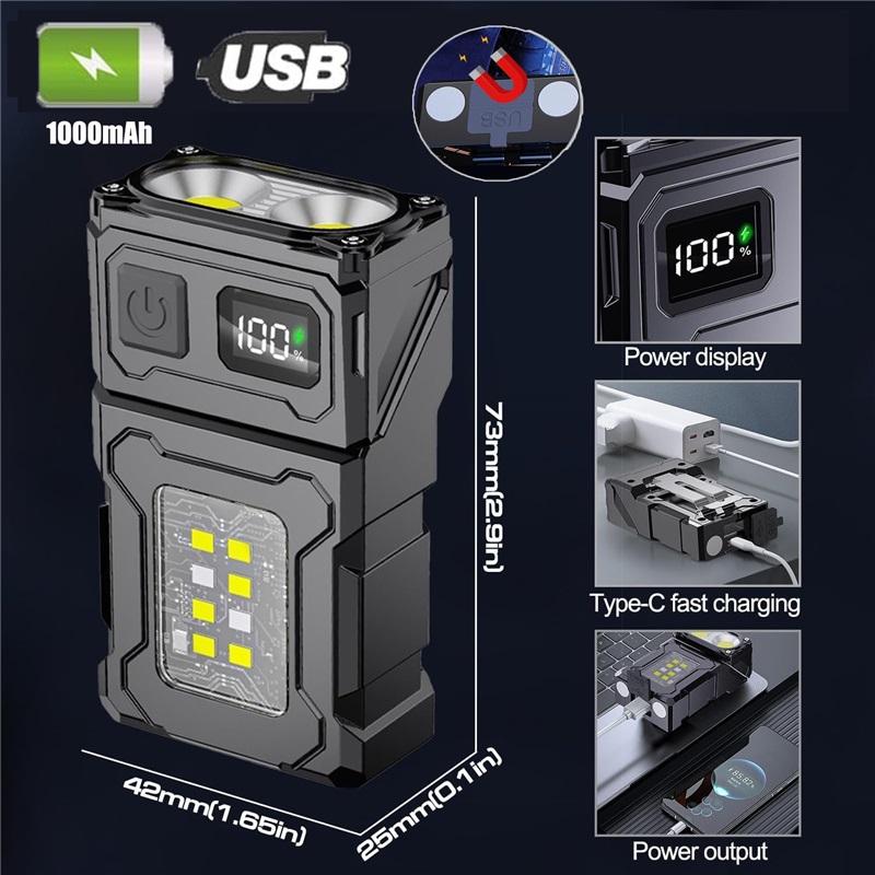 High Power Mini Led EDC Flashlight COB 1200mAh USB Rechargeable Torch Lamp Portable Magnetic Digital Display Work Light
