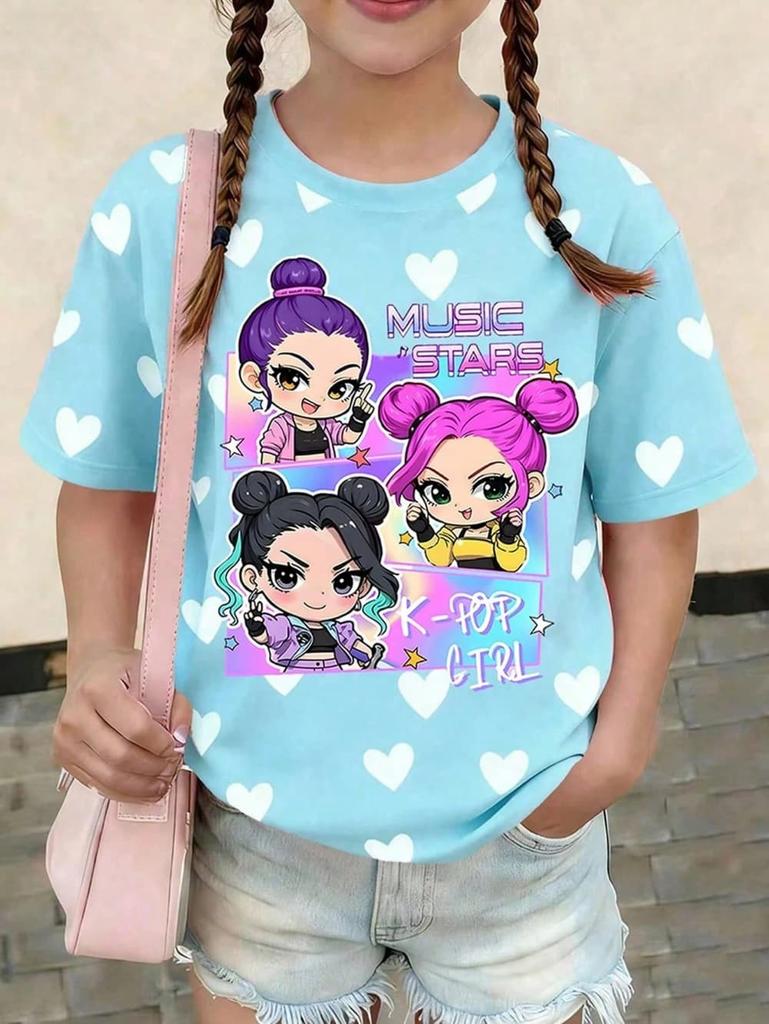 T-shirt Grafica Cartoon Kpop per Ragazze T-shirt Casual Girocollo Adatta per Ragazze Bambini Regalo Manica Corta