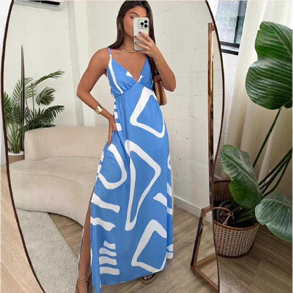 New Fashionable And Sexy Slit Print Suspender Sleeveless Dress