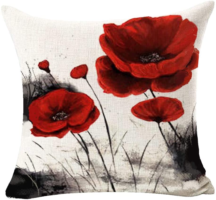 Charming Retro Watercolor Oil Painting Red Poppy Cotton Linen Throw Pillow Case Cushion Cover New Home Office Indoor Decorative