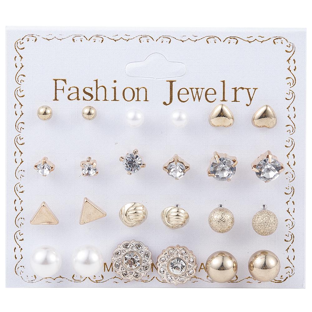 12 Pairs/Set Women's Pearl Flower Crystal Mix Design Studs Earrings Girls Elegant Gold Heart Ear Jewelry Gift Aretes De