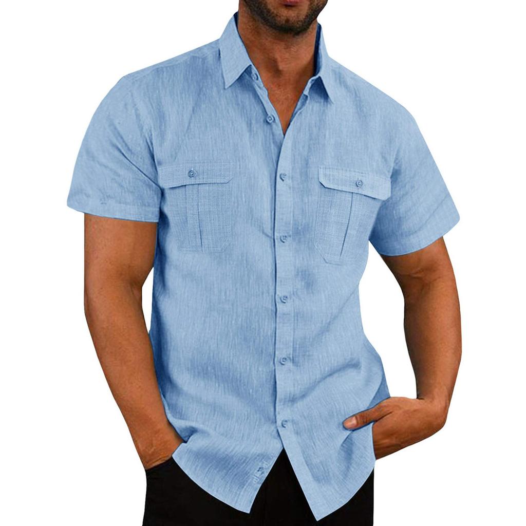 Men's Linen Short Sleeved Casual Shirt Collarless Standing Collar Summer Top