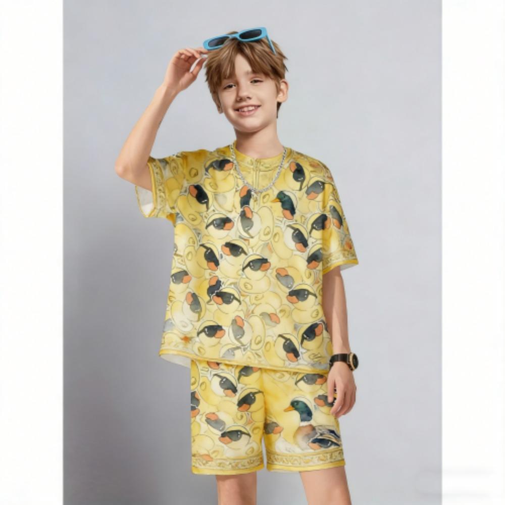 Summer Kids Set Fun Animal Duck Printed Kids T-shirt and Shorts 2 Piece Set Summer Casual Outdoor Boys and Girls Outfit Kids Clothing