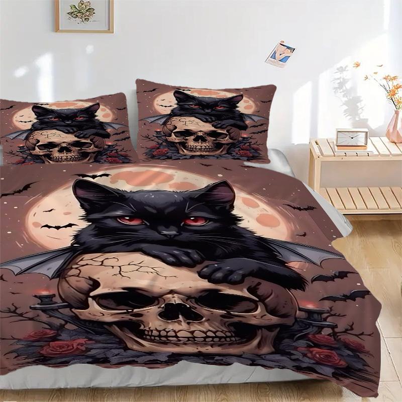 

3pcs Gothic Cat Duvet Cover Set - Includes 1 Duvet Cover and 2 Pillowcases, No Quilt Core, All-Season Home Decor yy251111085 135x200cm