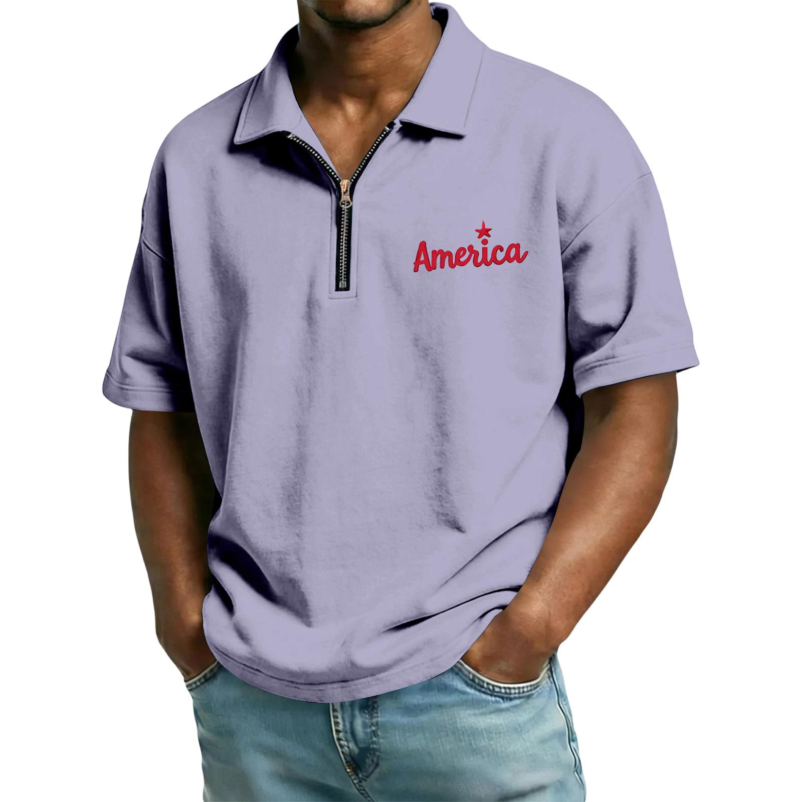 

Men s Casual Loose American Independence Day Printed T-shirt Lapel Short Sleeve Daily Tops XL фиолетовый