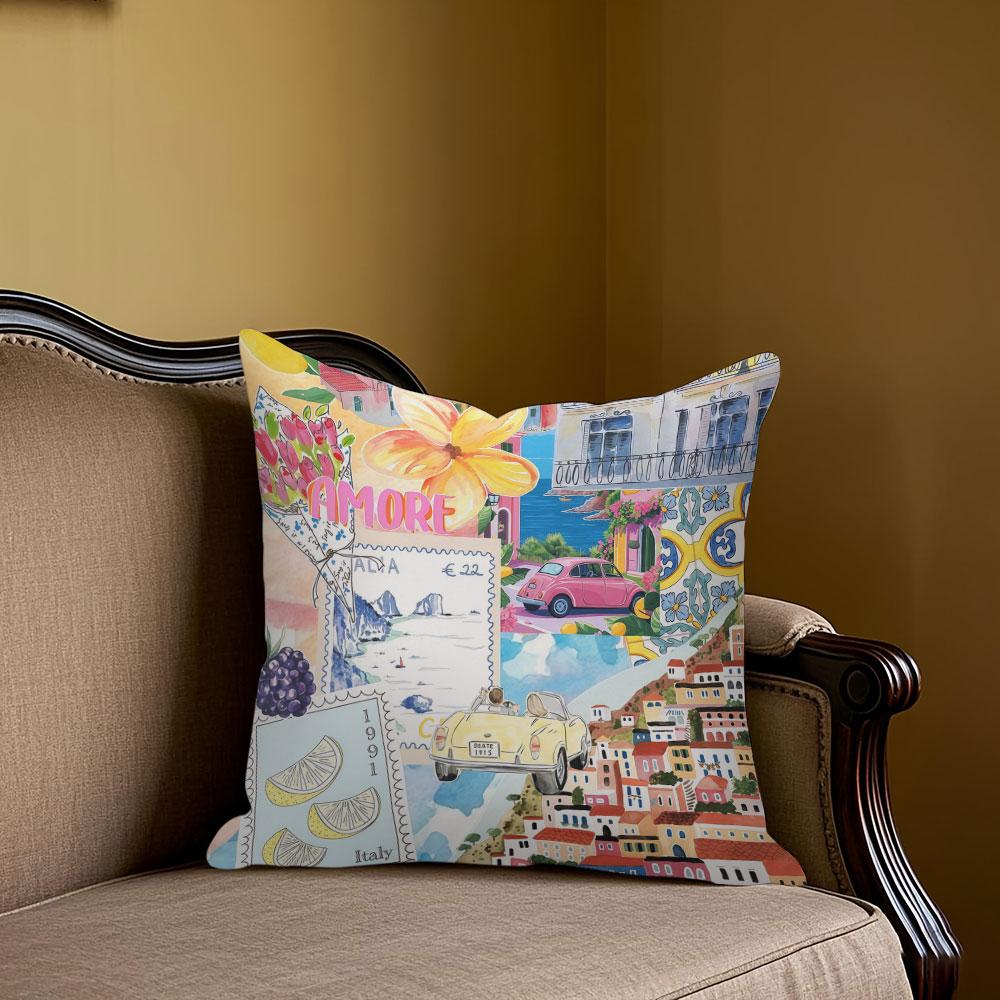 Italian Town Walk Square Jacquard Pillow Cover for Sofa Office Waist Cushion Cover Home Decorative Pillowcase