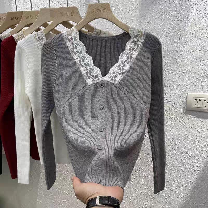 Herbst Winter V-Ausschnitt Langarm Strick Damen Pullover Top Lässig Einfach Spitze Büro Unterziehshirts Damen Süß Basic Slim Fit Knöpfe Pullover