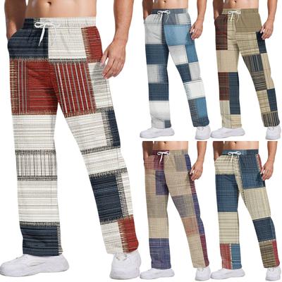 Men's Casual Pants With Pockets | Stripe Checkered Printed, Loose Straight Leg, Elastic Waist With Drawstring For Daily & Casual Wear