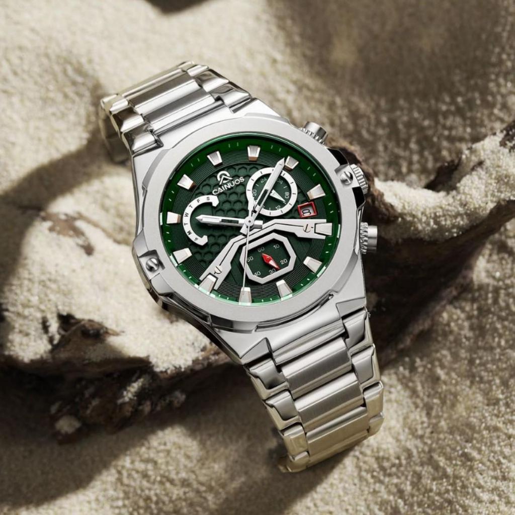 Mens Quartz Watch Waterproof Luminous Display Week/Date Stainless Steel Strap Casual Wristwatches