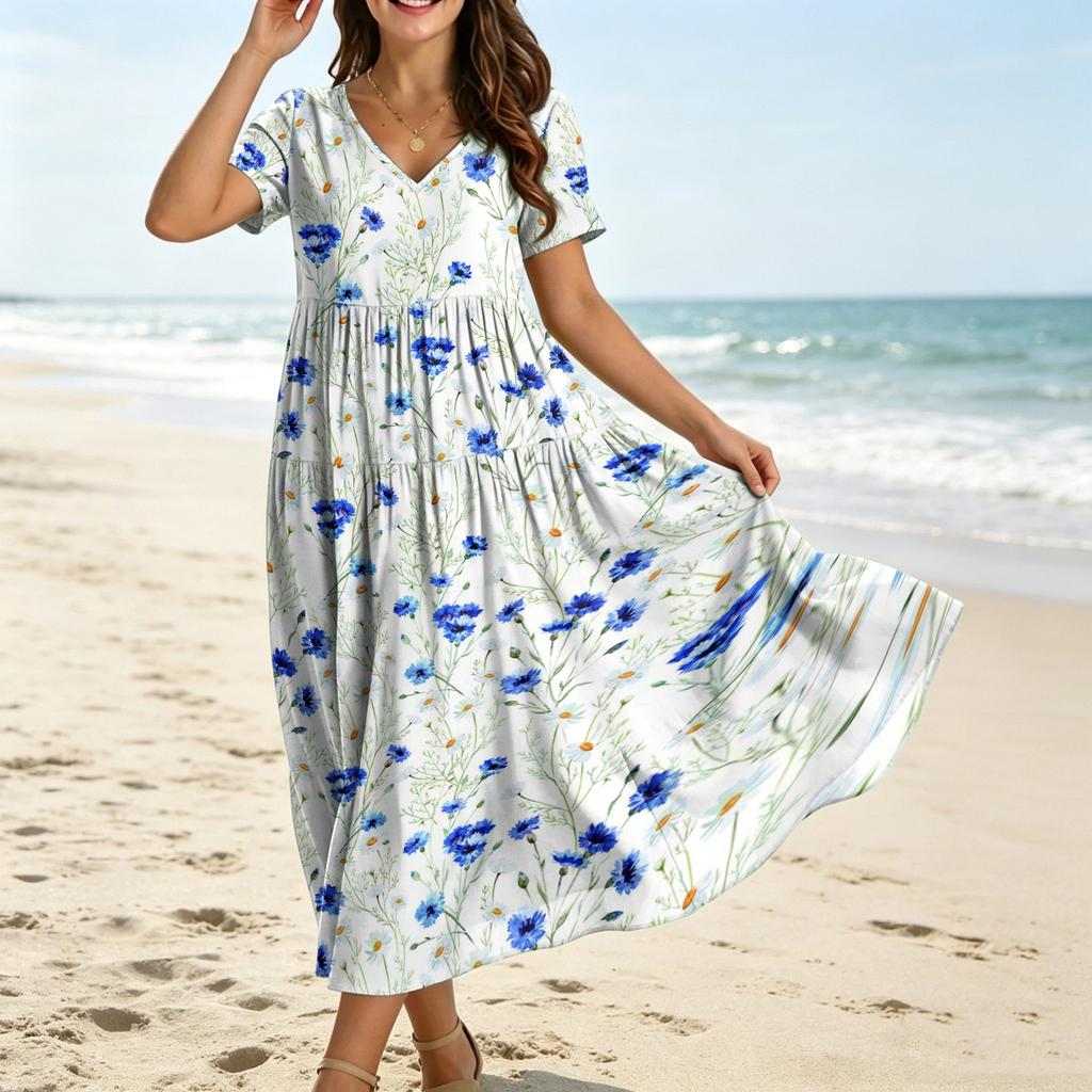 Frauen Casual Lose Bohemian Blumenkleid Kurzarm Lange Maxi Sommer Strand Swing Kleid