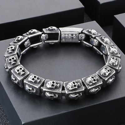 Vintage Solid Stainless Steel Bracelet for Men Men's Skeleton Jewelry Accessories 14MM Width Skull Face Head Chain Bracelets Man