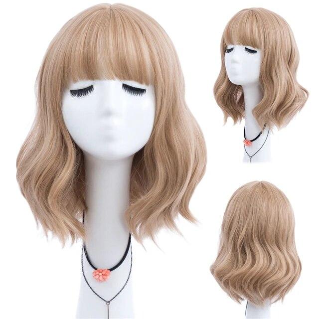 Kurze lockige blaue Bobo-Synthetik-Cosplay-Perücken für Frauen, Orange, Rot, Grün, natürliches hitzebeständiges Haar mit Pony für Mädchen