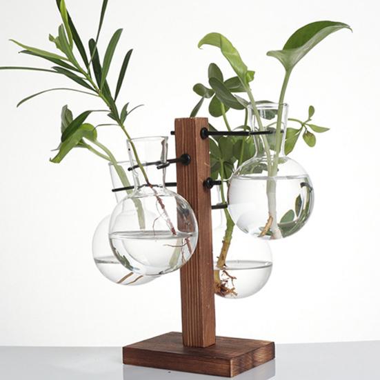 1 Set Plants Propagation Station with 4 Glass Vases Indoor House Plant Terrarium Kit Hydroponic Flower Holder Plants Container Decoration