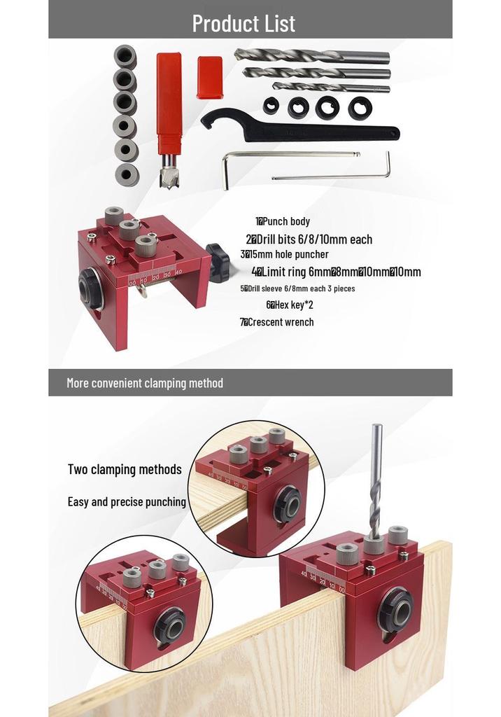 Adjustable 3-in-1 Wood Dowel and Panel Hole Puncher for Furniture Assembly