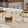 Glass Espresso Bean Measuring Cup with Double Spout, Wooden Handle, and Small Milk Jug