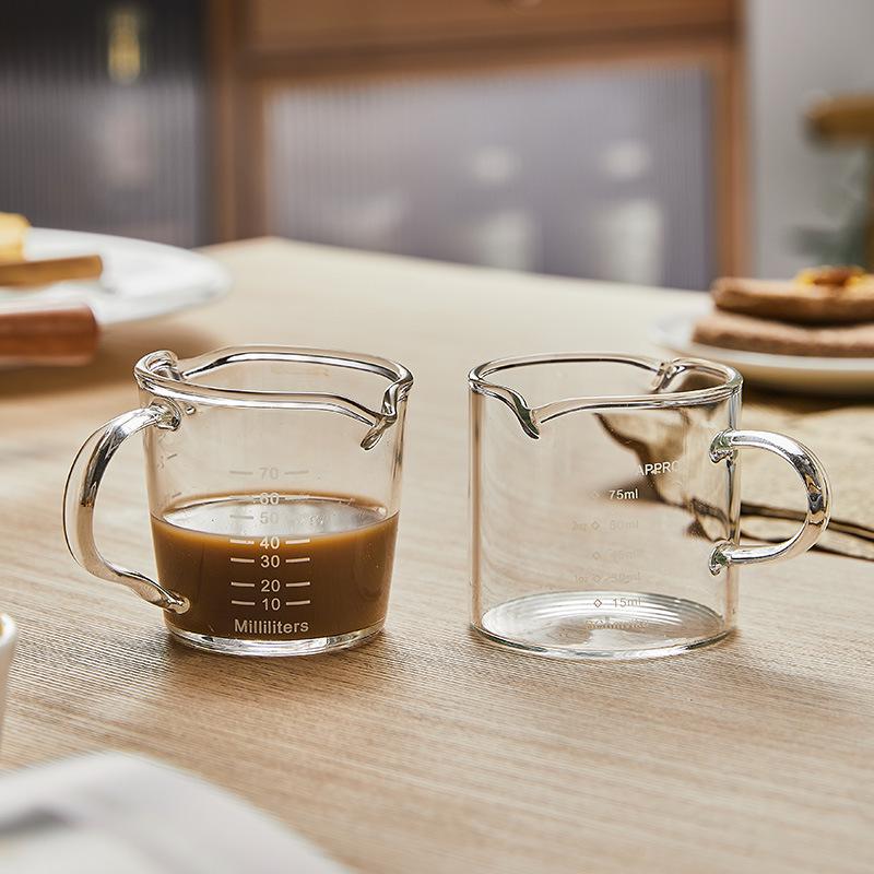 Glass Espresso Bean Measuring Cup with Double Spout, Wooden Handle, and Small Milk Jug