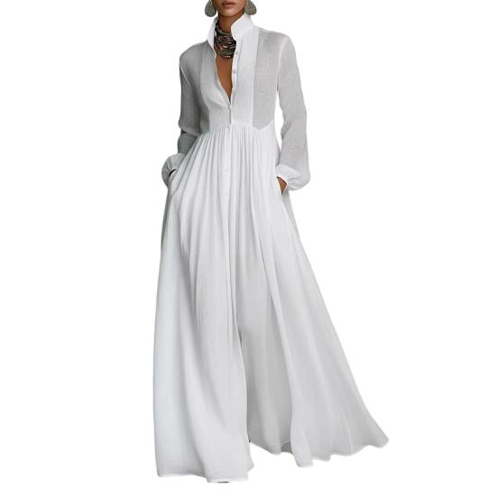 Women Dress Stand Collar Long Sleeve Buttons Down Maxi Dress with Functional Pockets Pleated Flowy Hem Holiday Dress S белый