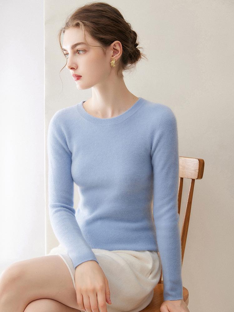 Women's 100% Pure Cashmere Seamless Sweater: Round Neck, Ribbed, Slim Fit, Minimalist Knitted Base Layer