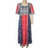 Summer Lady Dress Pleated Ethnic Style Print A-line Loose Hem Side Pockets Round Neck Soft Bohemian Short Sleeves Mid-calf Length Women Daily