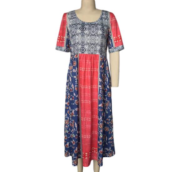 Summer Lady Dress Pleated Ethnic Style Print A-line Loose Hem Side Pockets Round Neck Soft Bohemian Short Sleeves Mid-calf Length Women Daily