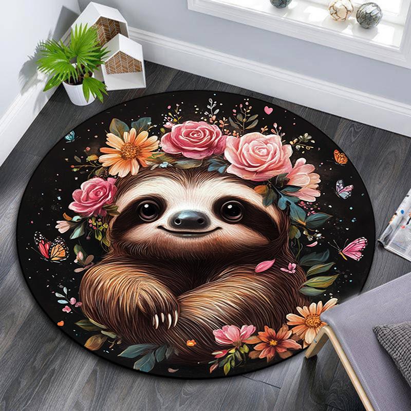 Sloth Round Area Rug,Carpet Rug for Living Room Bedroom Sofa Playroom Decor,Non-slip Floor Mat