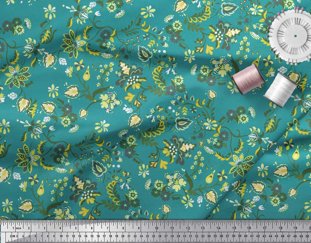 Soimoi Japan Crepe Satin Fabric Leaves & Floral Artistic Decor Fabric Printed Metre 42 Inch