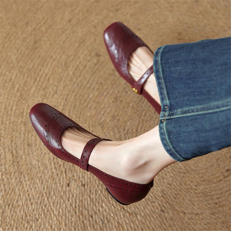 Fashion Summer Genuine Leather Women Pumps Shoes for Women Fashion Brogue Designs Round Toe Mary Jane Shoes Low Heels Internal Elevation