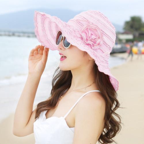 Ht1676 New Fashion Women Hat Korea Style Flower Packable Large Wide Brim Hat Anti-Uv Adjustable Ladies Floppy Beach Sun Hat