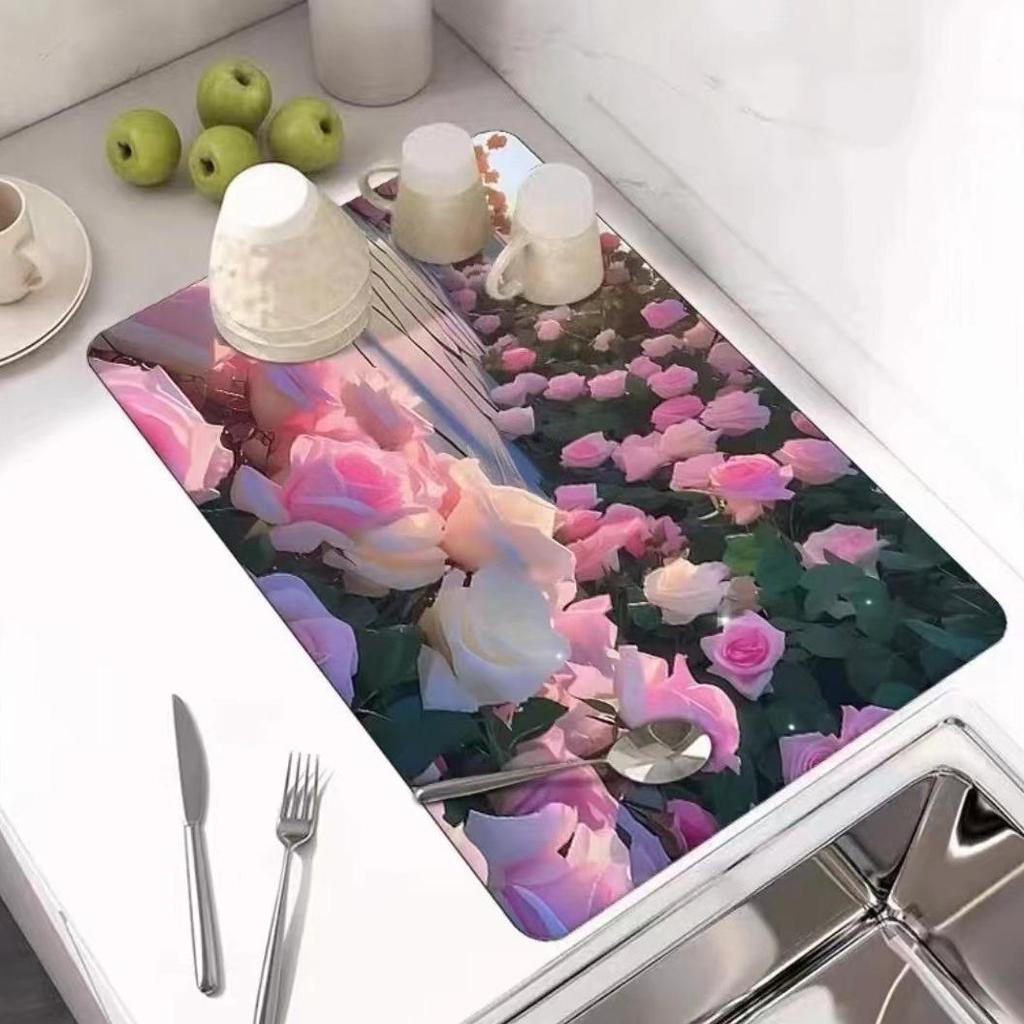 3D Peony Flower Diatom Mud Draining and Heat Insulation Mat for Kitchen Countertops