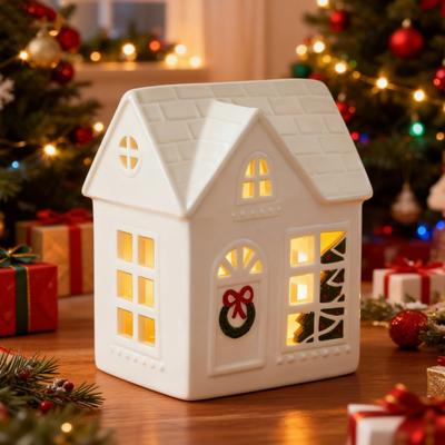 Christmas Mini Village House Figurine LED Lighted Winter Resin Town Cottage Tiny Desktop White House Ornament for Home Shelf Cabinet Table Decor
