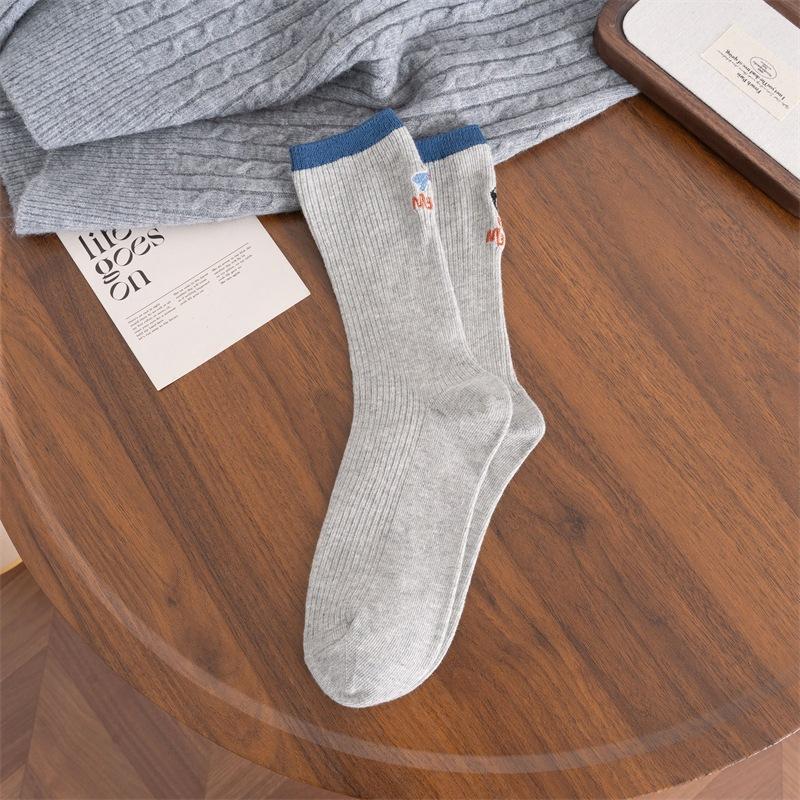 Autumn and Winter Socks, Women's Trendy Socks, Color-blocked AB Version Embroidered Letter Mid-calf Socks, Double-needle Pile Socks