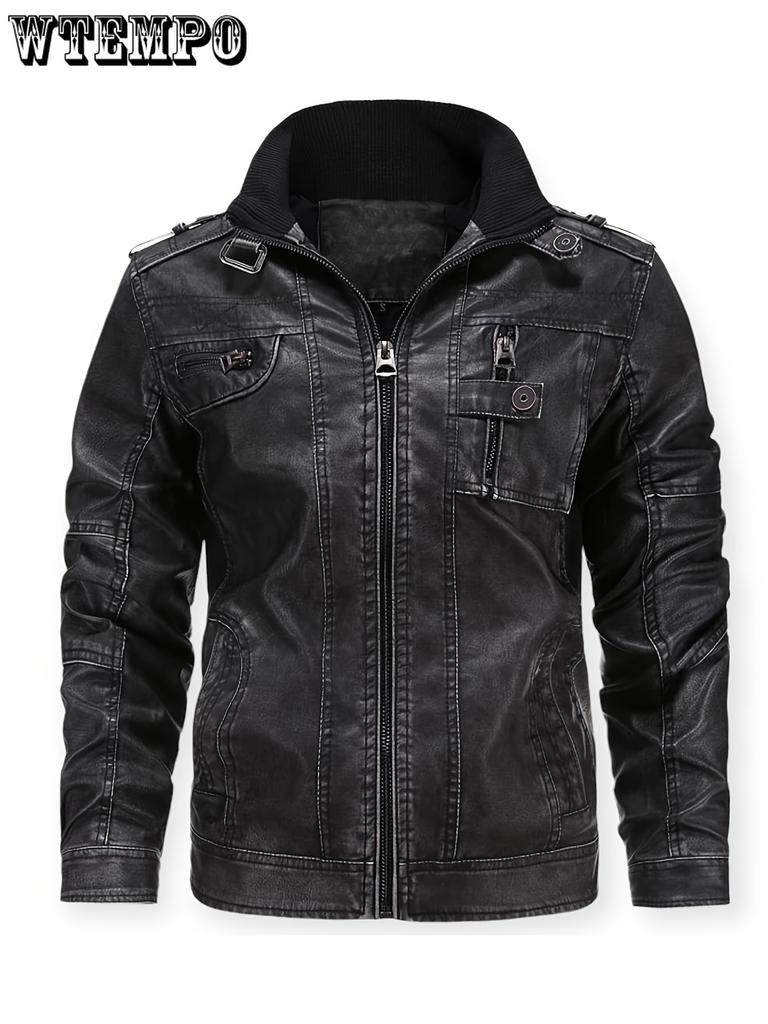 Men's Casual Vintage Style PU Leather Jacket With Pockets -  Stylish & Durable - For Everyday Wear - Perfect Gift for Fashionable Men
