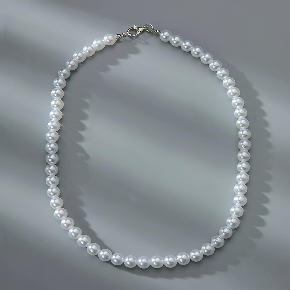 

Men s Retro Minimalist Imitation Pearl Beaded Choker Necklace жемчужный/белый