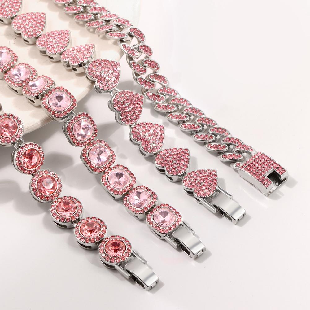 1Pcs Pink Rhinestones Miami Cuban Chain Bracelet for Women Men Iced Out Chunky Tennis Bracelets Fashion Gifts Jewelry Wholesale
