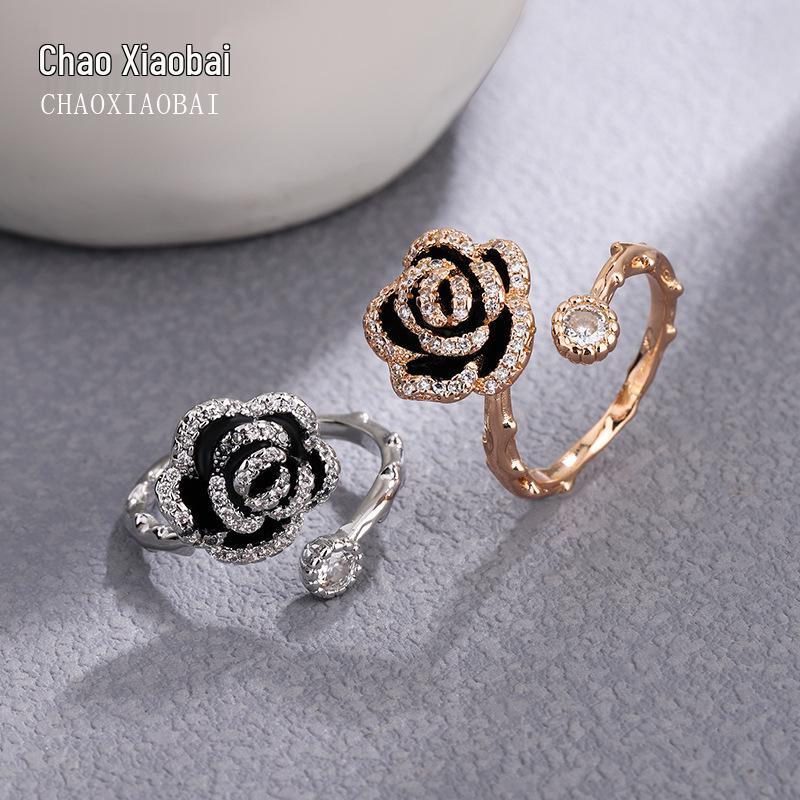 S925 Sterling Silver Black Camellia Ring - Women s French Luxury Style Platinum Plated Copper