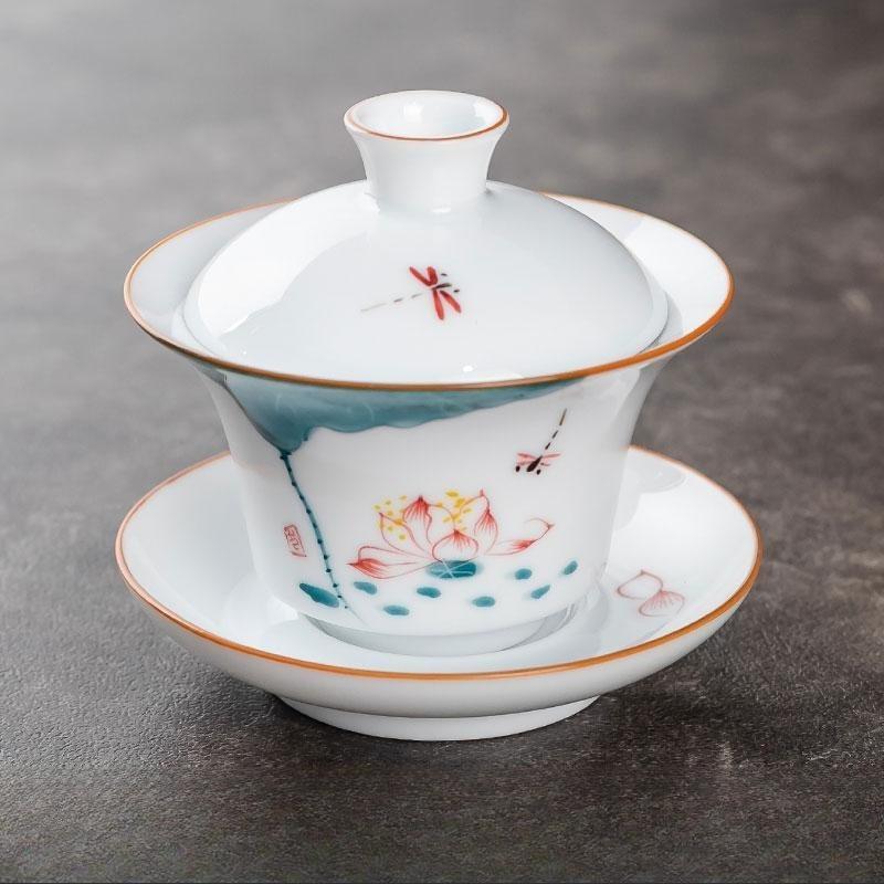 150ml Ceramic Hand-painted Tea Cup Non Hot White Porcelain Sancai Tea Bowl Underglaze Color Covered Bowl Drinking Utensils