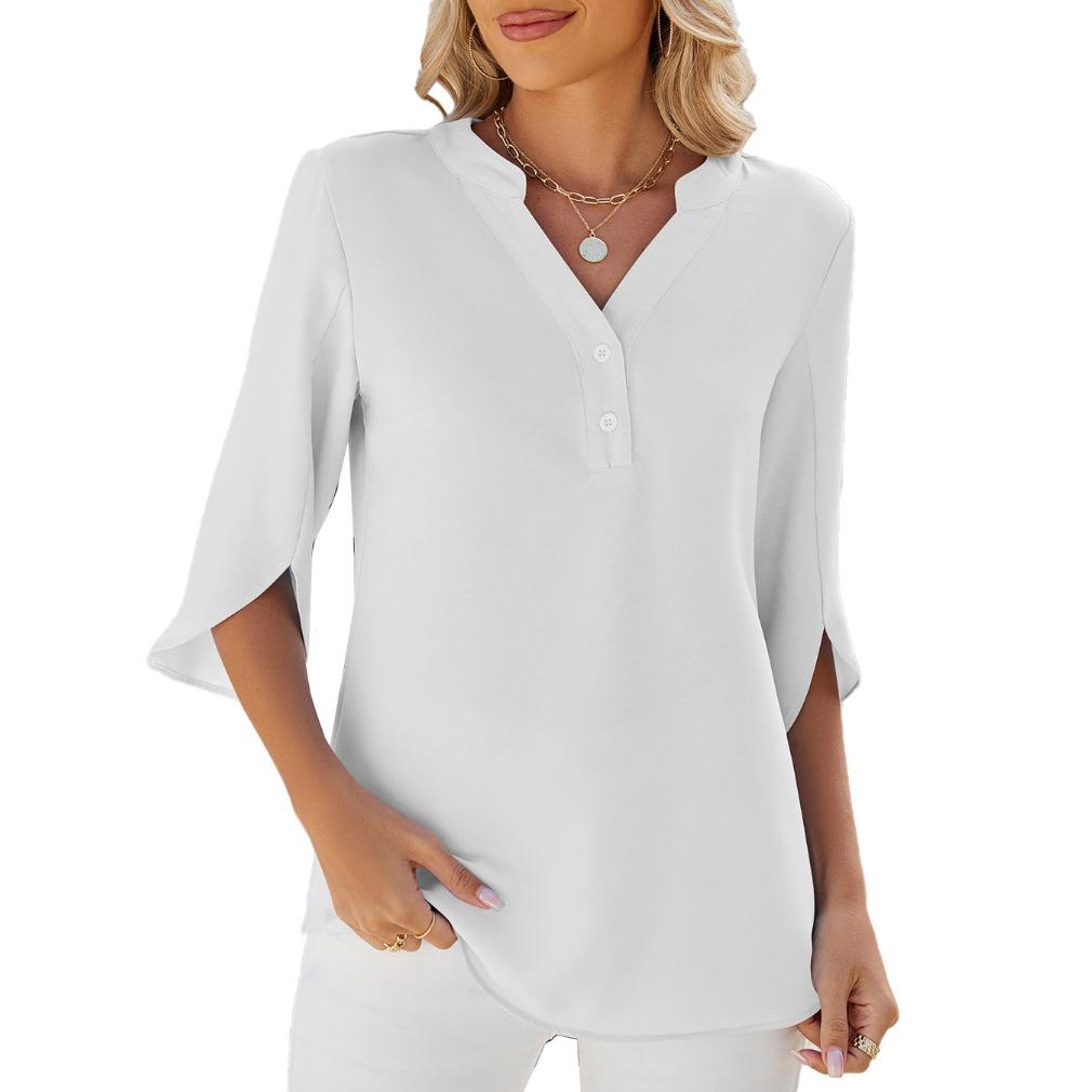 IHUASU Spring/Summer Solid Color Button V-neck Loose Mid-sleeve Chiffon Blouse